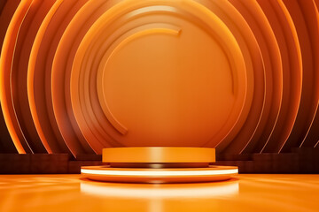 Vivid Orange Display mock up 3D luxury stage with LED light and simple shape decoration around it. generative AI