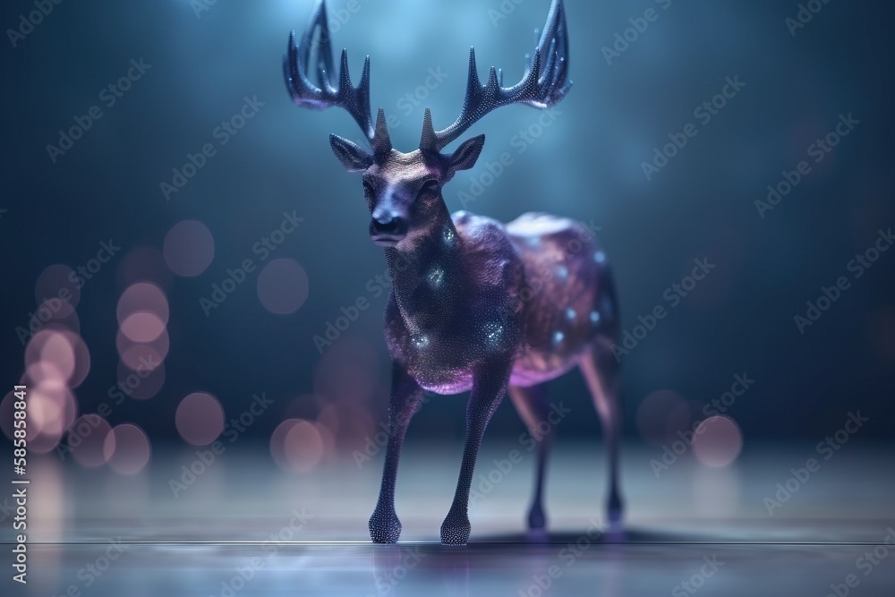 Poster a toy deer standing on a shiny surface with a blurry background and boke of lights in the background