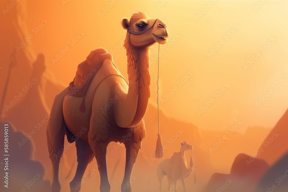 Poster a camel with a saddle standing in a desert area with a sunset in the background and a few other came