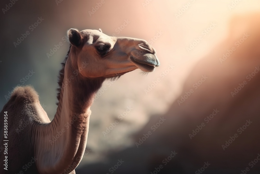 Poster a close up of a camel's head with a blurry sky in the backgrouund of the image behind it,. generativ