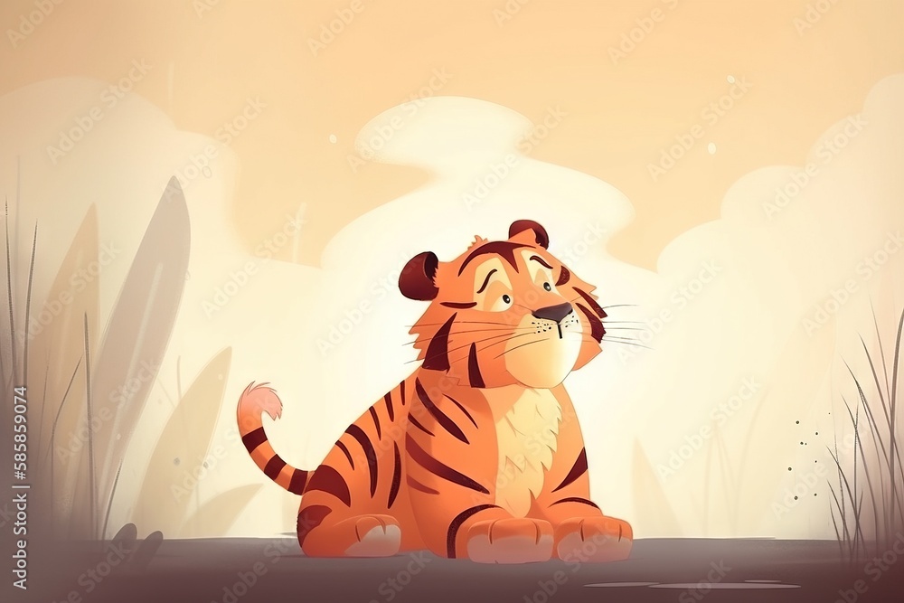 Poster a cartoon of a tiger sitting in a field with grass and a sky in the background with clouds and a sun