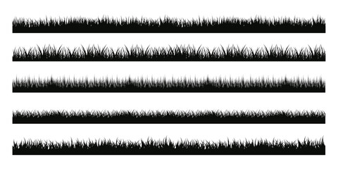 Set of black grass silhouettes. Grass border. Lawn panoramic landscape. Template with herbal border for your design. Vector illustration.