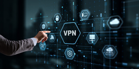 Businessman presses a button VPN. Betwork security internet privacy encryption concept