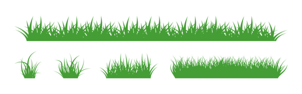 Set of grass silhouettes. Green grass border. Lawn panoramic landscape. Template with herbal border for your design. Vector illustration.