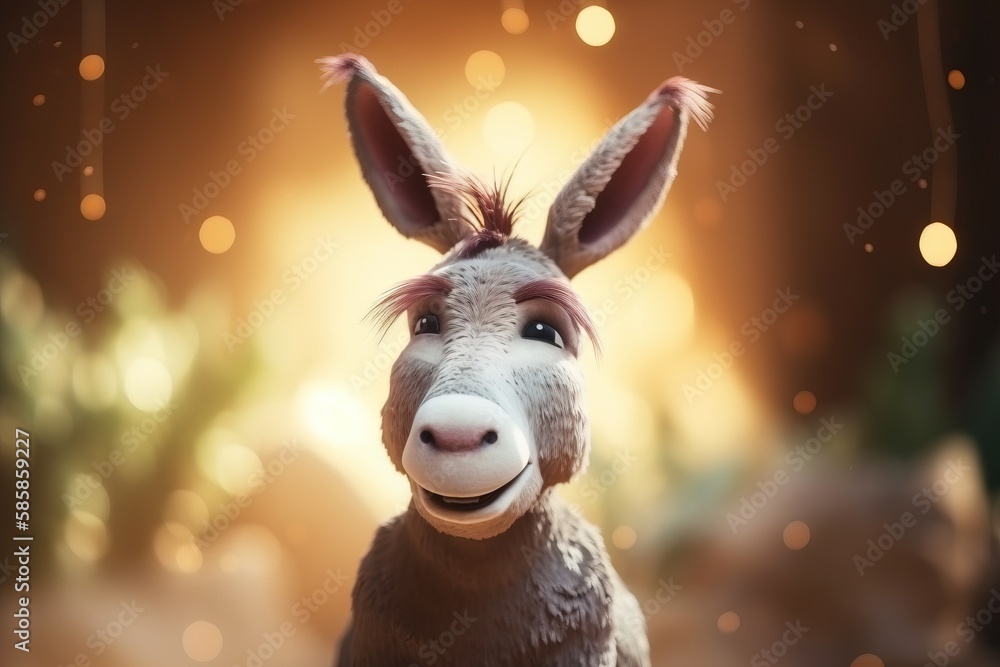 Poster a donkey with a funny look on its face and ears, standing in front of a blurry background of lights 