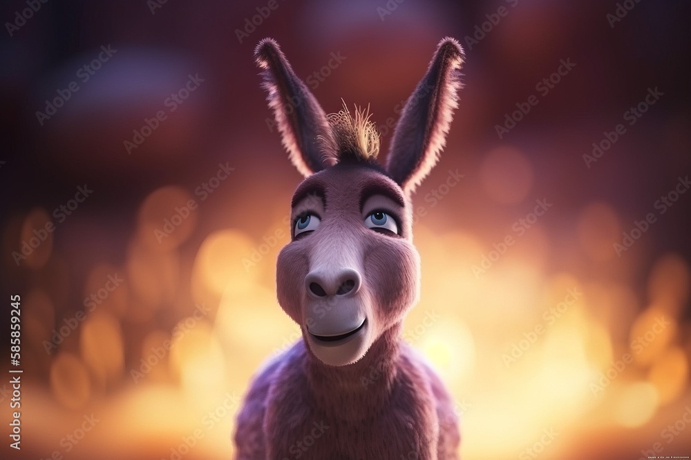 Poster a donkey with a funny look on its face and a blurry light in the background is a blurry background w