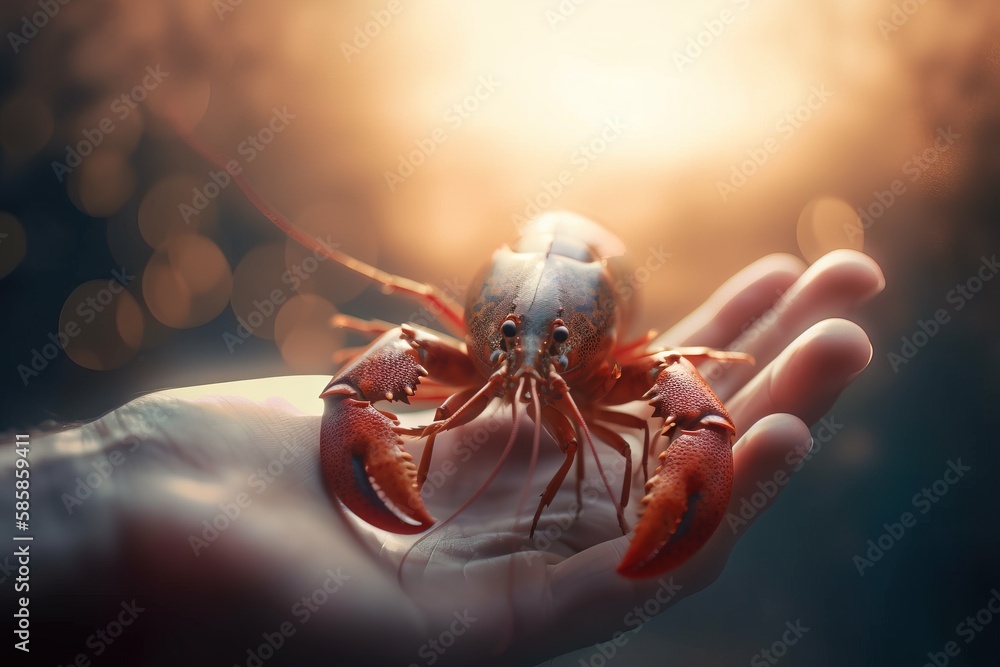 Poster a person holding a small crab in their hand with a blurry background of the image in the foreground 