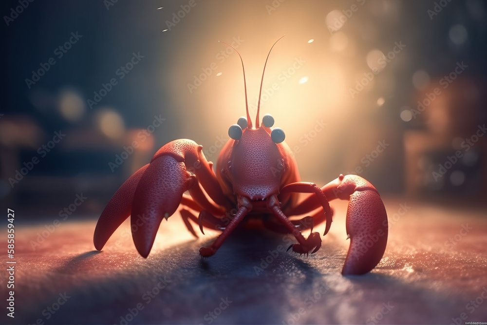 Poster a close up of a red crab on a table with a bright light in the back ground behind it and a blurry ba