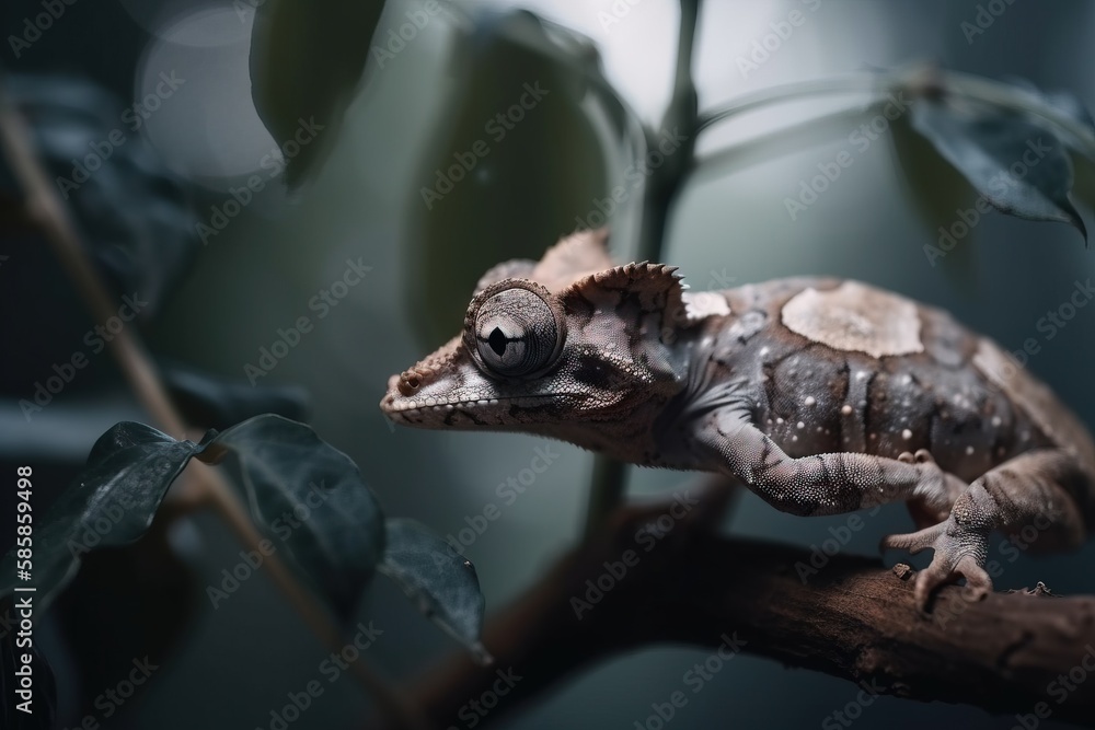 Poster a small gecko sitting on a branch in front of a leafy green background with a blurry image of a plan