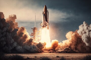 Rocket launch. Rocket starts into space concept. Spaceship takes off. Generative AI