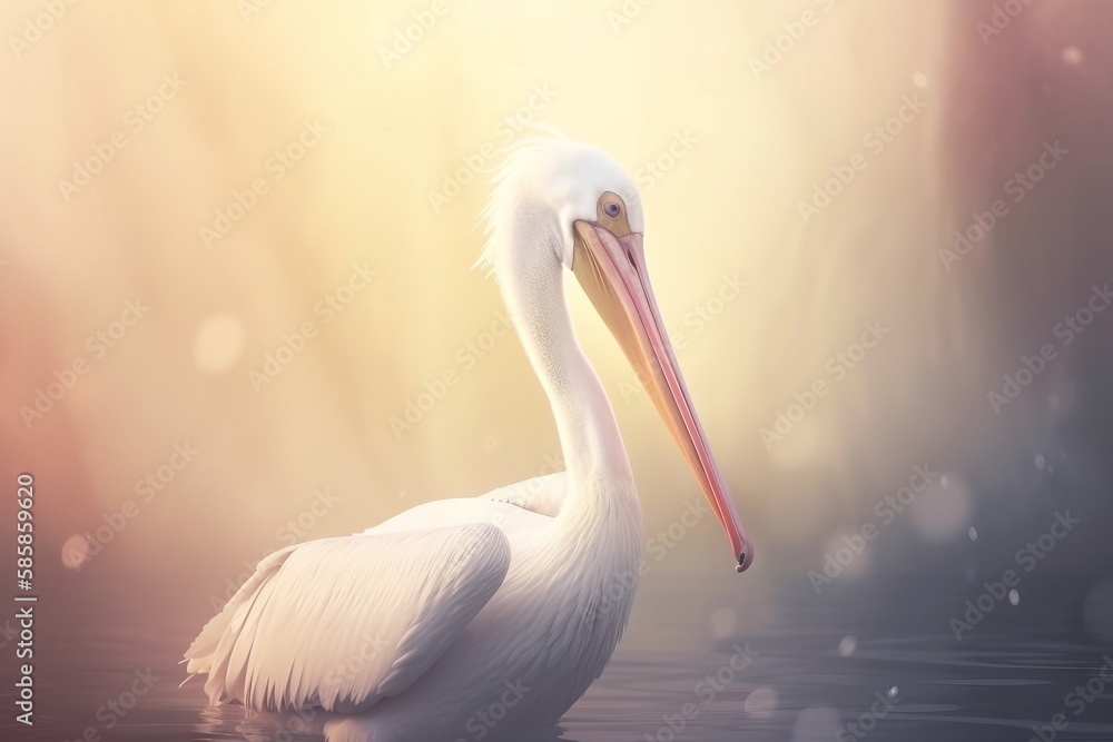Poster a white bird with a long beak standing in water with sunlight shining through the trees in the backg