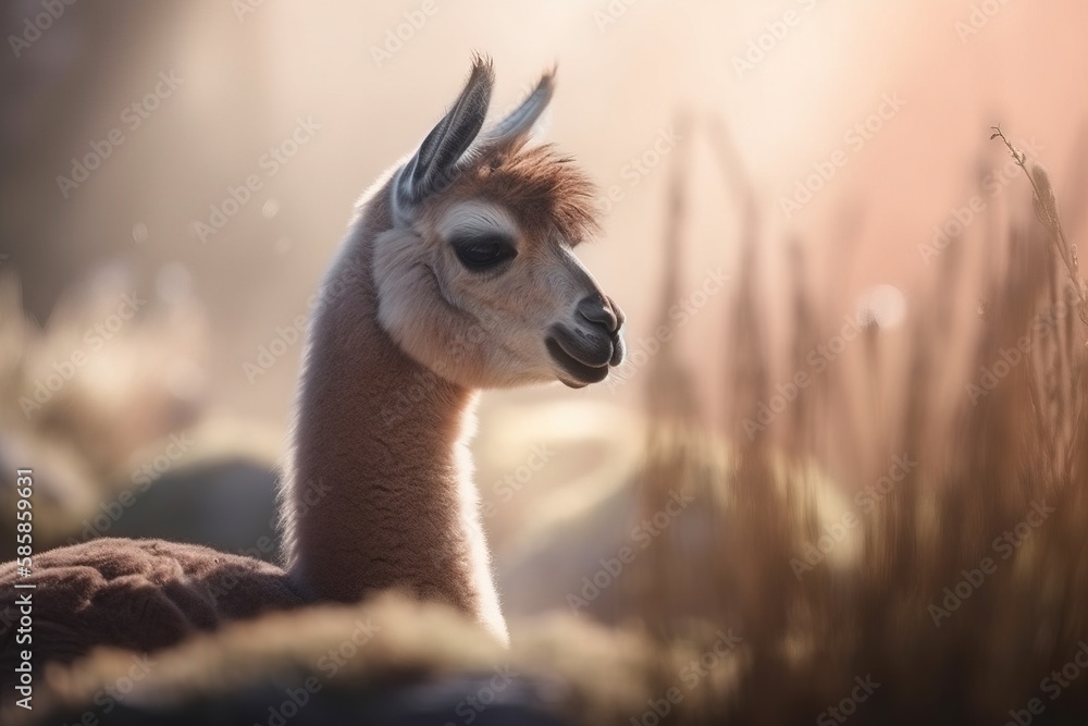Poster a llama with horns standing in a field of tall grass with the sun shining through the fog behind it 