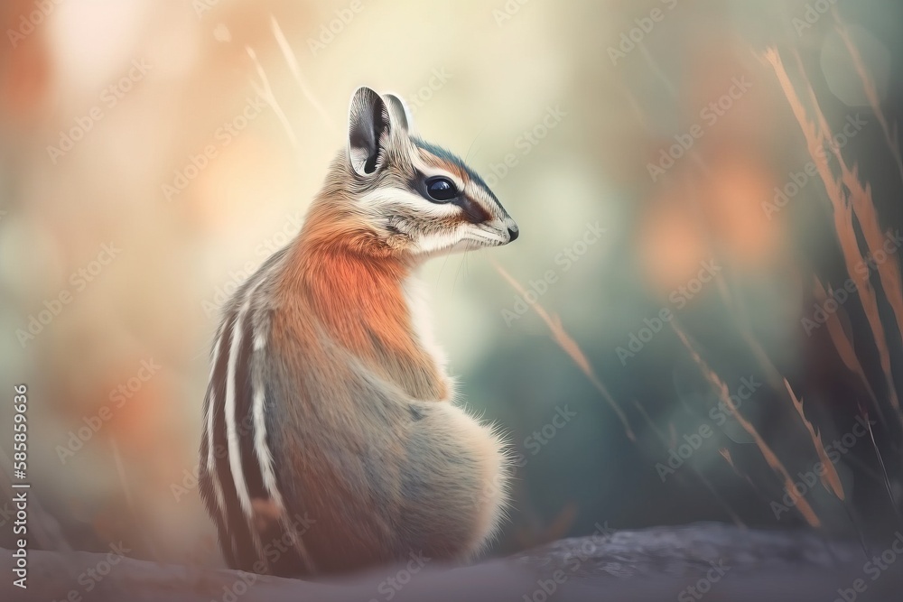 Poster a small animal standing on top of a rock in the rain with a blurry background of trees and grass and