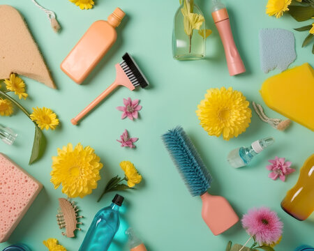 Cleaning products and tools still life with spring flowers, colorful background. AI generated illustration.