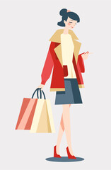 Flat color Vector illustration of girl with shopping bags