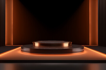 Orange with Bronze Display mock up 3D luxury stage with LED light and simple shape decoration around it. generative AI