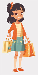 Flat color Vector illustration of girl with shopping bags