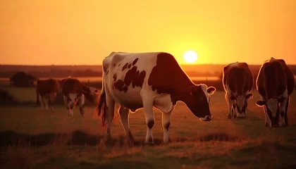 Deurstickers Donkerrood Herd of Cows on Field in Sunset Lights