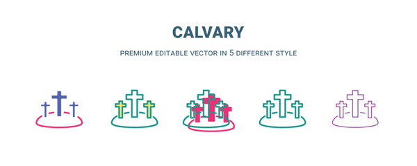 calvary icon in 5 different style. Outline, filled, two color, thin calvary icon isolated on white background. Editable vector can be used web and mobile
