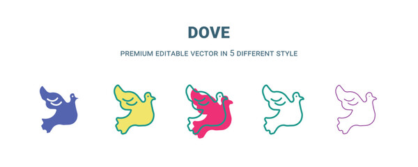 dove icon in 5 different style. Outline, filled, two color, thin dove icon isolated on white background. Editable vector can be used web and mobile