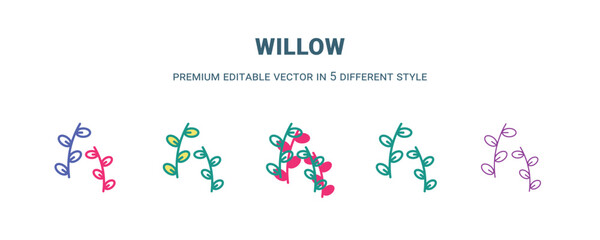 willow icon in 5 different style. Outline, filled, two color, thin willow icon isolated on white background. Editable vector can be used web and mobile