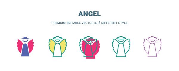 angel icon in 5 different style. Outline, filled, two color, thin angel icon isolated on white background. Editable vector can be used web and mobile