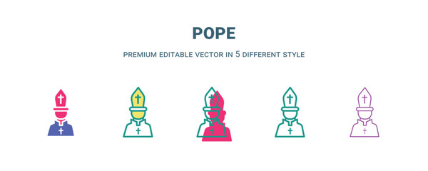 pope icon in 5 different style. Outline, filled, two color, thin pope icon isolated on white background. Editable vector can be used web and mobile