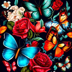 Obraz na płótnie Canvas illustration of patterned flowers and butterflies, beautiful butterflies decorated with beautiful flowers with attractive colors