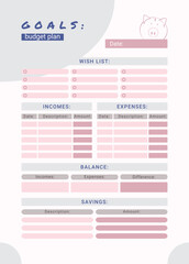 Goals of personal monthly budget planner, vector illustration
