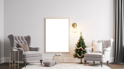 Fototapeta na wymiar A modern home Christmas decoration design, with a large wall art frame blank mockup with white background, simple and elegant, christmas decoration for home with fireplace, AI generated