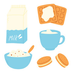 Breakfast set in flat style. Collection of waffles, milk, cookies, porridge. Vector illustration. Dairy breakfast.