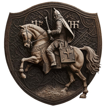 A Knight Horseman Embossed on a Shield Badge on a white background, Logo Style, ancient, Stone, Shield (AI Generative)