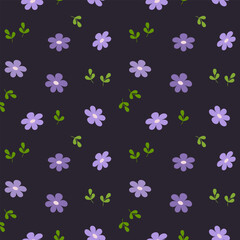 Fototapeta na wymiar Seamless pattern, small flowers and scattered leaves. Floral rustic background, print, textile, wallpaper, vector