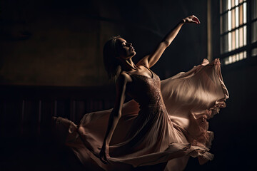 AI Generative Illustration of a classical ballet dancer moving her body and dress gracefully inside a ballroom next to a large window