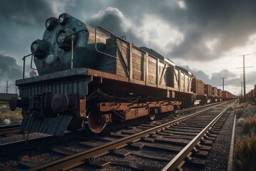 Fototapeta na wymiar Locomotive pulling wagons with cargo on rails railway transport. Generative AI