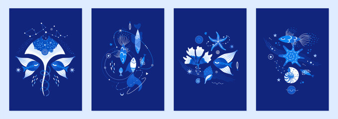 Set of vector illustrations of cosmic underwater creatures. Marine life decorated with constellations, stars, planets. Magic space sea designs for posters, notebook covers. Blue colors