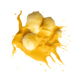Illustration of melted and splashed cheese or butter cream element. pouring flowing yellow honey water. Transparent PNG is available. generative AI.