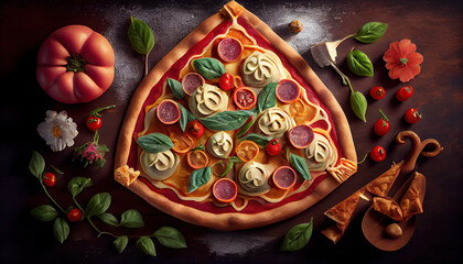 Fototapeta na wymiar Top View Tasty and Delicious Colorful Full Pizza Slice On a Dark and Moody Backdrop AI Generative
