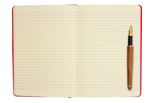 Lined journal with fountain pen isolated on white