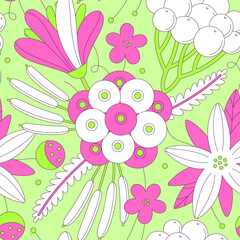 Seamless floral pattern of colorful abstract flowers with black stroke. Flat style. Surface design for fabric, wallpaper, wrapping paper, covers. White, pink and green colors. Vector illustration