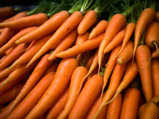Bunch of fresh orange carrots on market table background wallpaper, healthy food backdrop. Close up.