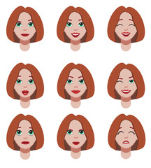 Set of different emotions of a young girl. The expression on the face of a beautiful young girl. Smile, happiness, anger, disappointment, sadness, surprise. Vector emoji.
