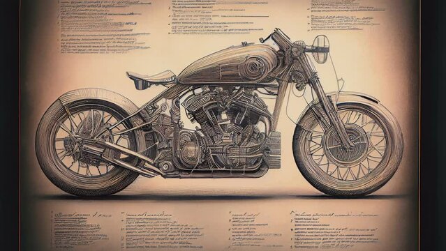 The drawing of a vintage motorcycle on the old illustration book AI generated