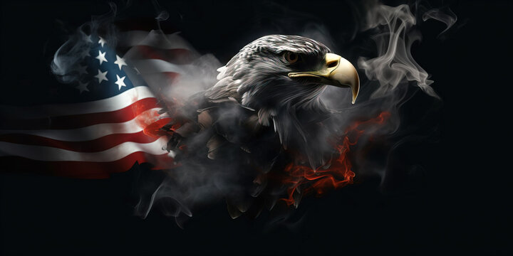 American eagle with USA flag in the smoke. Generative AI