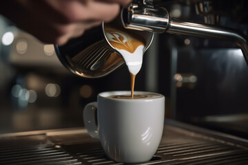 Fototapeta na wymiar coffee being poured to up with professional machine, generative ai