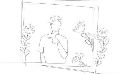A man wears a bracelet inside a floral frame. Floral frame one line drawing