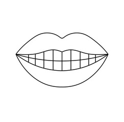 Vector isolated one single smiling mouth lips with tooths   colorless black and white contour line easy drawing