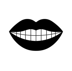 Vector isolated one single smiling mouth lips with tooths and black lips colorless black and white contour line easy drawing