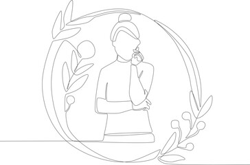 A woman with bun hair in a floral frame. Floral frame one line drawing