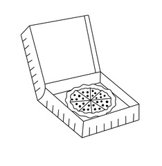Vector isolated one single open carton pizza box with round pizza inside colorless black and white contour line easy drawing